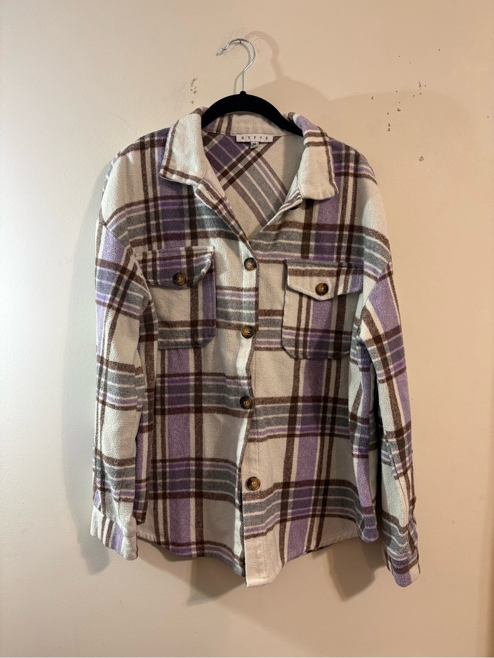 HYFVE shacket women’s medium lavender white plaid fleece flap chest pockets
